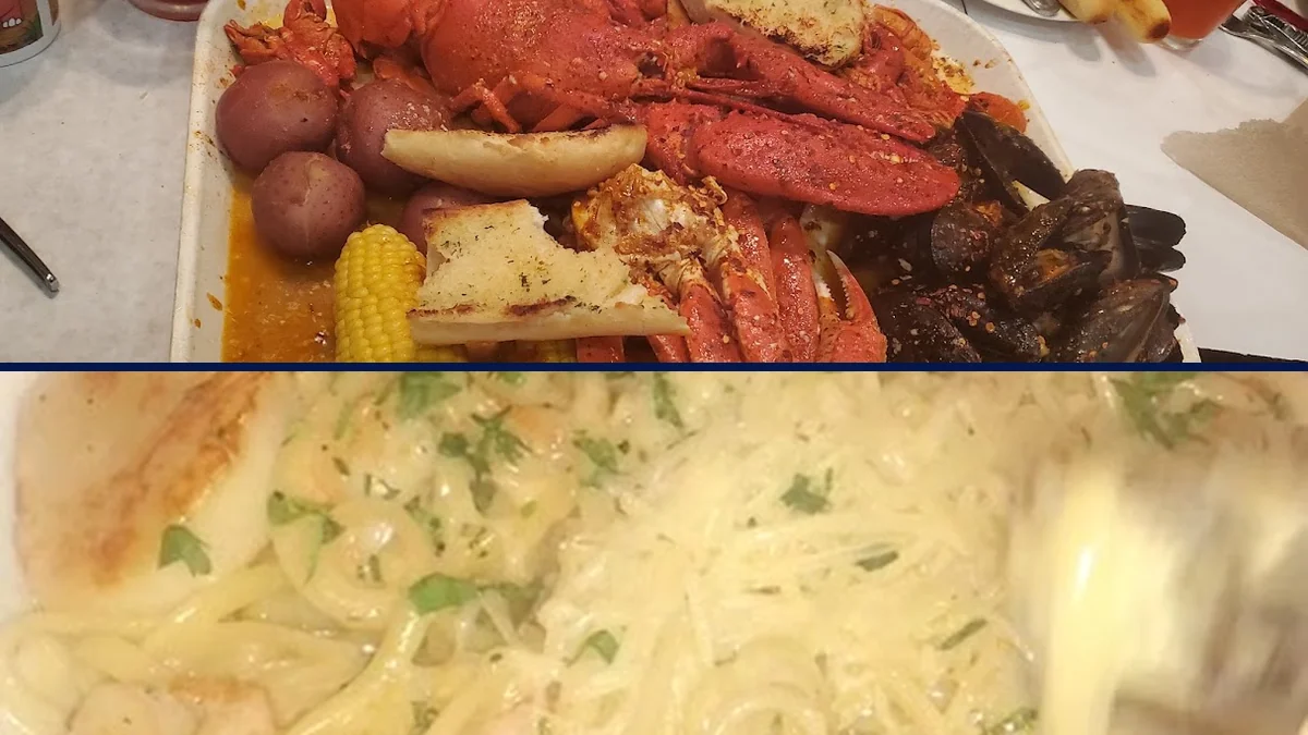 Steamed crab and seafood boil spread on a table.