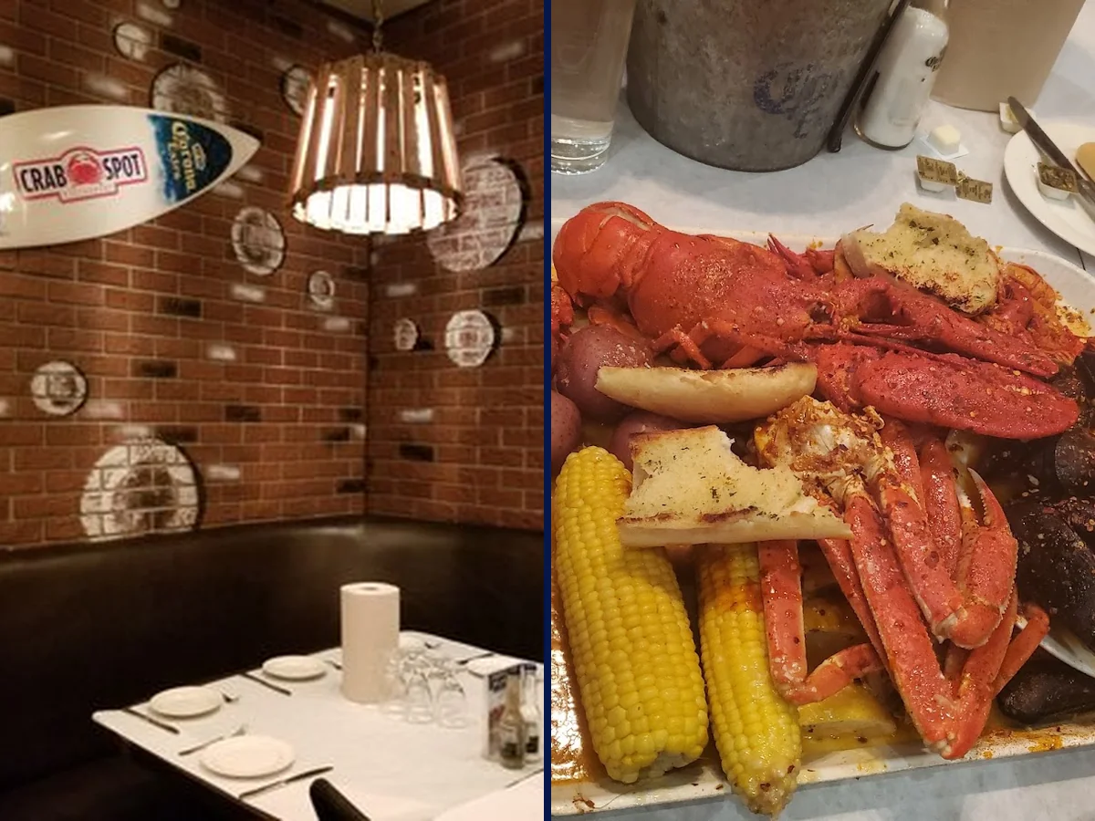 Cozy seafood restaurant interior with warm lighting.