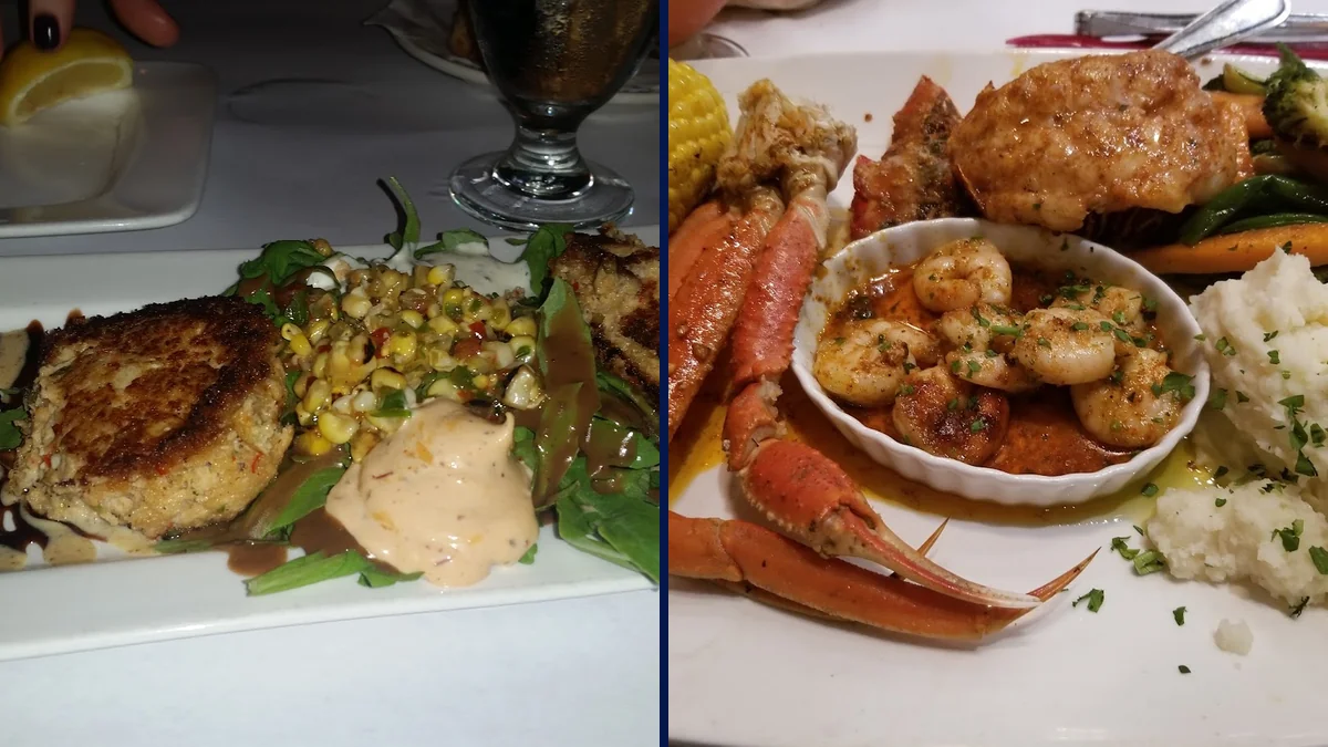 Mixed seafood dishes served family-style on a table.