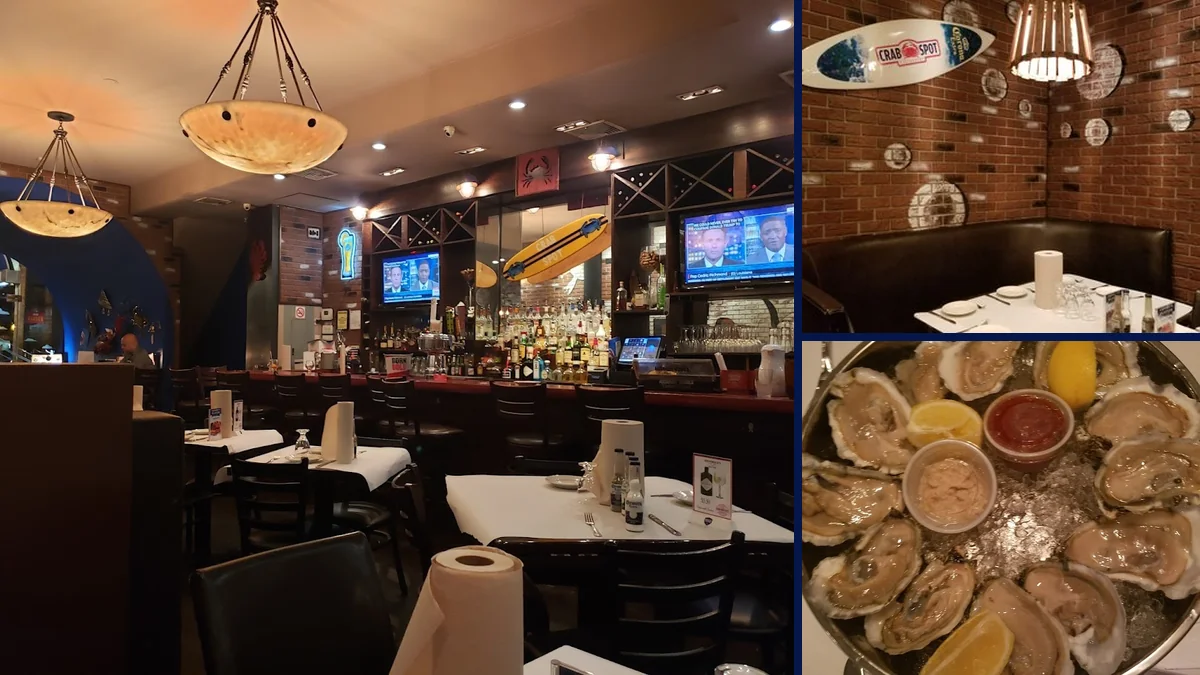 Mixed seafood dishes served family-style on a table.